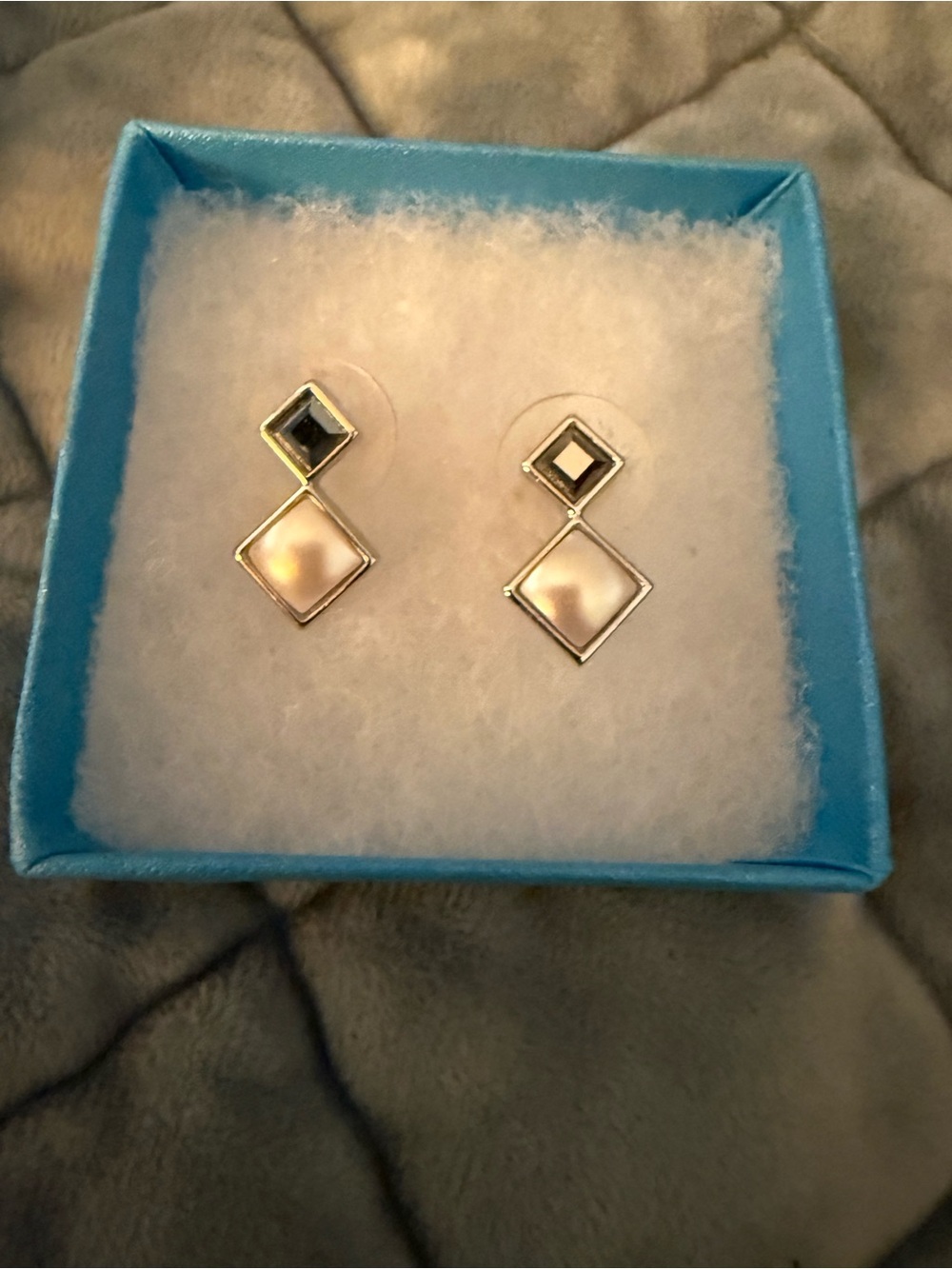 TS by Swarovski Elegant Pearl and Silver Geometric Drop Earrings